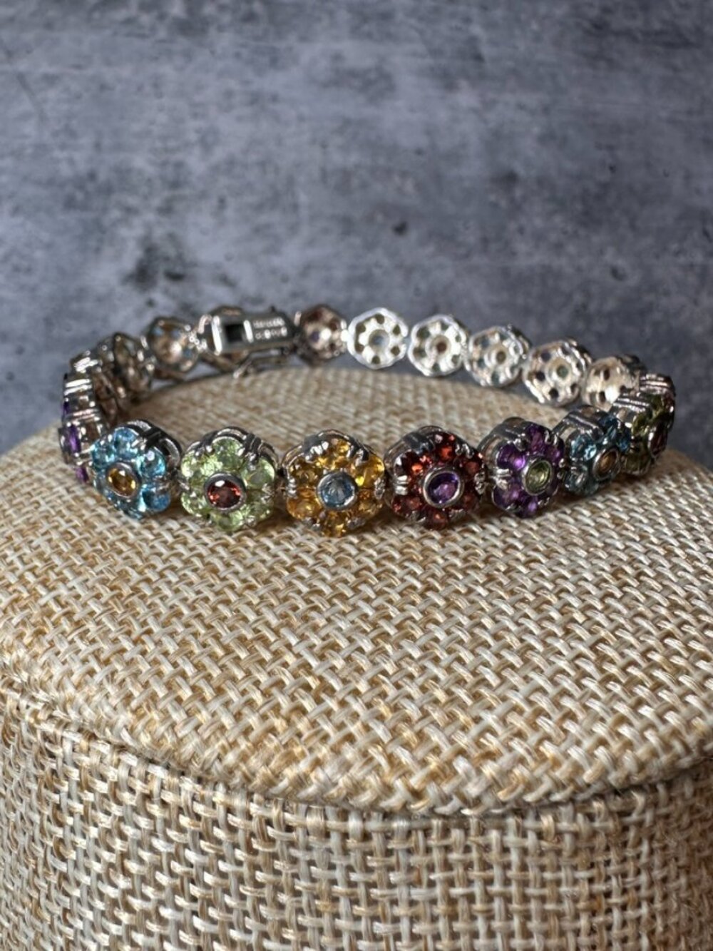 Suzanne Somers .925 Sterling Silver Multicolor Gemstone Flower Tennis Bracelet - Picture 4 of 6